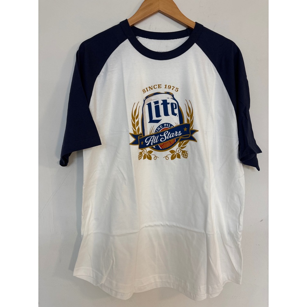 Miller Lite All Stars Baseball Tee Navy Blue White Raglan Sleeve Graphic Shirt